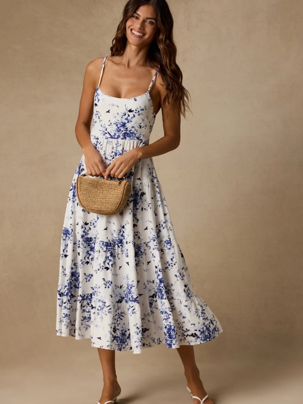 Mykonos Mood Ivory Floral Print Tie-Strap Tiered Midi Dress